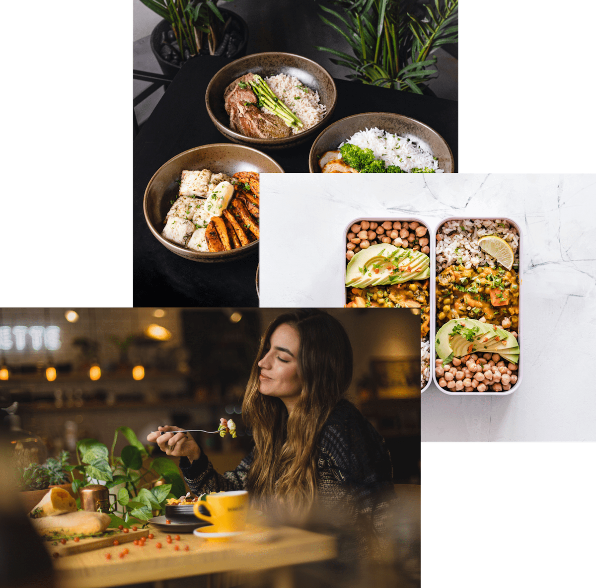 A group of three images that contains some type of meal and a lady enjoying that food